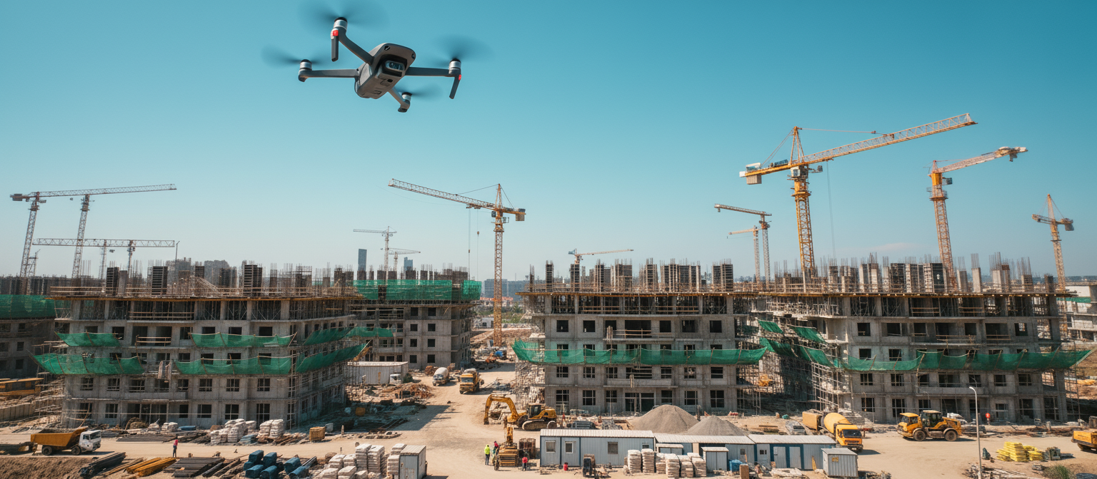 Drone DJI professionnel survolant un chantier de construction avec grues